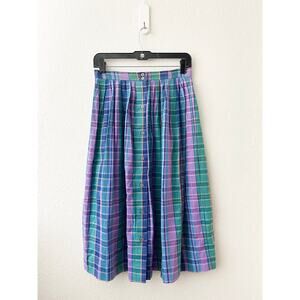 Vintage 80s Womens SKYR Midi Madras Plaid Pleat Button Front Skirt Preppy Cotton
